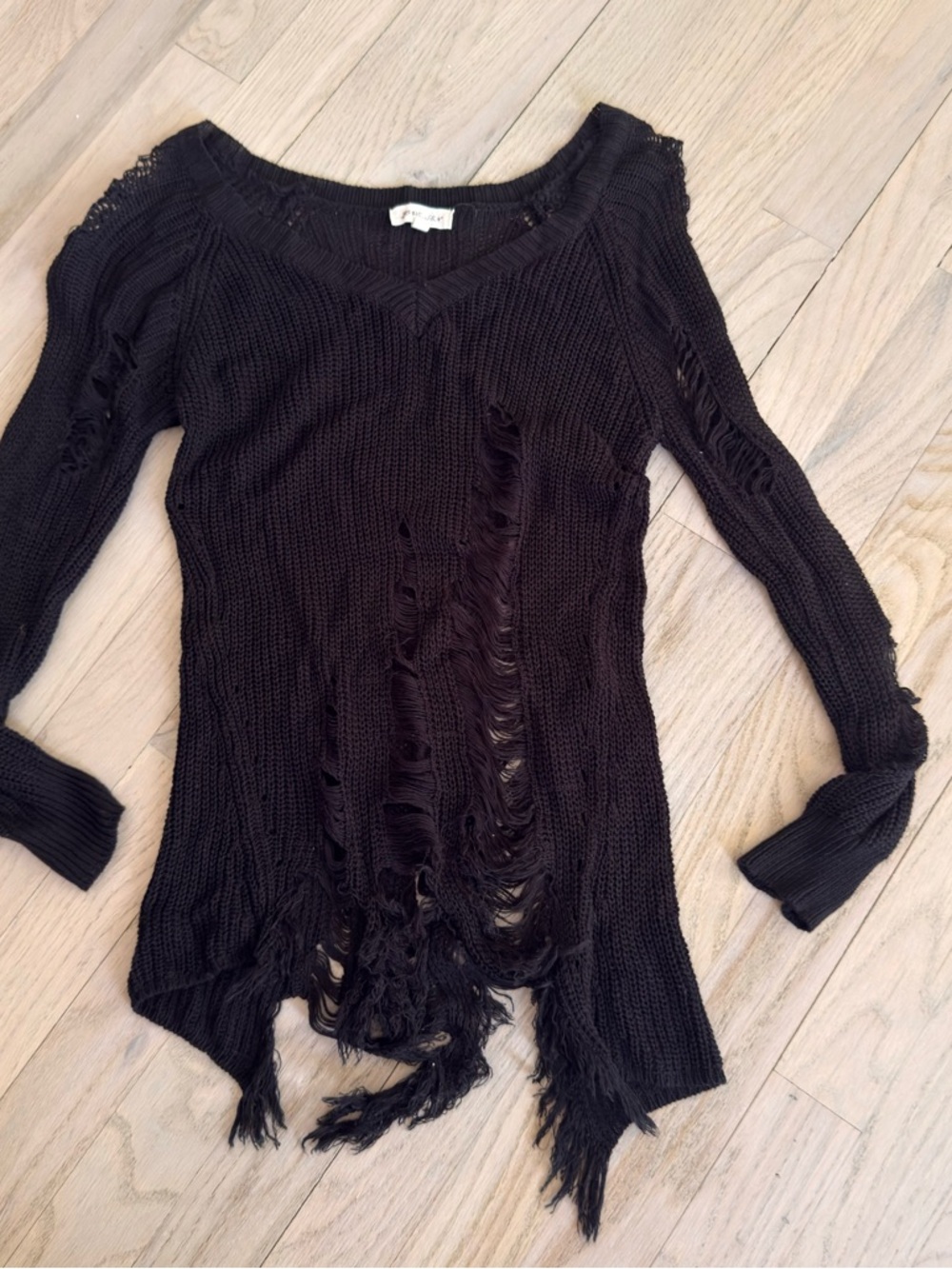 Black Distressed Knit V Neck Sweater Top S